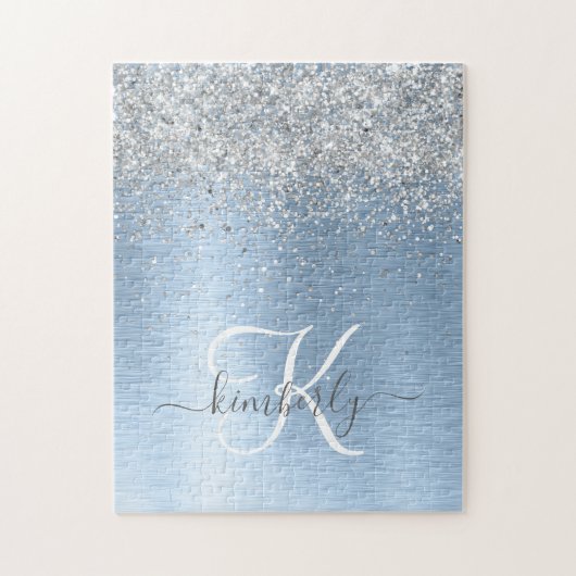 Blue Brushed Metal Silver Glitter Monogram Name Legpuzzel (Verticaal)