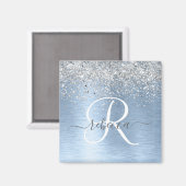 Blue Brushed Metal Silver Glitter Monogram Name Magneet (Voorkant / Achterkant)