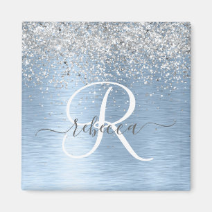 Blue Brushed Metal Silver Glitter Monogram Name Magneet