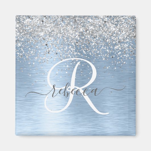 Blue Brushed Metal Silver Glitter Monogram Name Magneet (Voorkant)