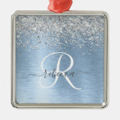 Blue Brushed Metal Silver Glitter Monogram Name Metalen Ornament (Voorkant)