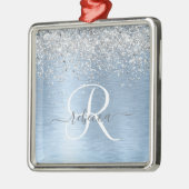 Blue Brushed Metal Silver Glitter Monogram Name Metalen Ornament (Links)