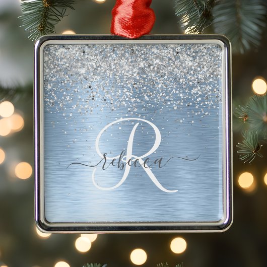 Blue Brushed Metal Silver Glitter Monogram Name Metalen Ornament