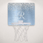 Blue Brushed Metal Silver Glitter Monogram Name Mini Basketbalbord<br><div class="desc">Pas dit trendy chic basketbalhoepje eenvoudig aan met  zilveren mousserend glitter op een blauwe,  geborstelde metalen achtergrond.</div>