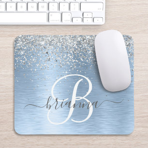 Blue Brushed Metal Silver Glitter Monogram Name Muismat
