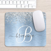 Blue Brushed Metal Silver Glitter Monogram Name Muismat
