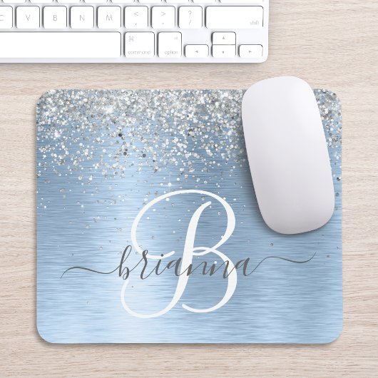 Blue Brushed Metal Silver Glitter Monogram Name Muismat
