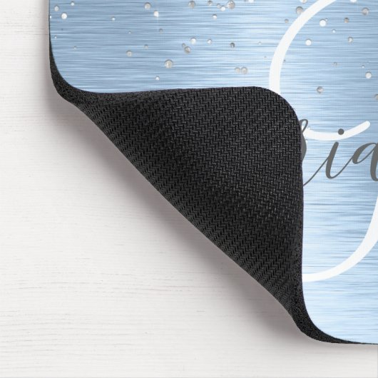 Blue Brushed Metal Silver Glitter Monogram Name Muismat (Hoek)