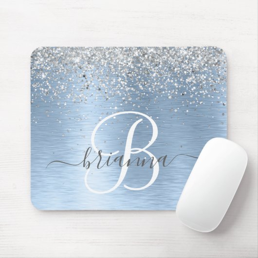 Blue Brushed Metal Silver Glitter Monogram Name Muismat (Met muis)