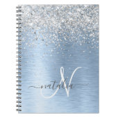 Blue Brushed Metal Silver Glitter Monogram Name Notitieboek (Voorkant)