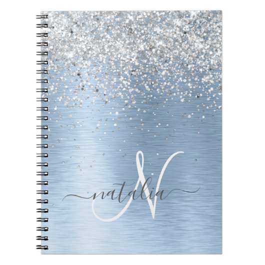 Blue Brushed Metal Silver Glitter Monogram Name Notitieboek (Voorkant)