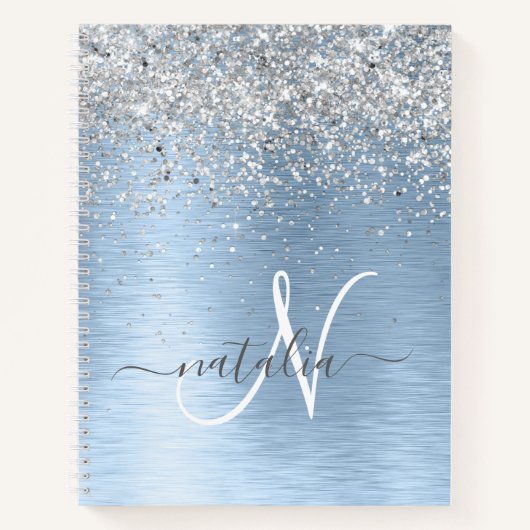 Blue Brushed Metal Silver Glitter Monogram Name Notitieboek (Voorkant)