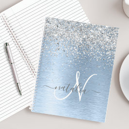 Blue Brushed Metal Silver Glitter Monogram Name Notitieboek