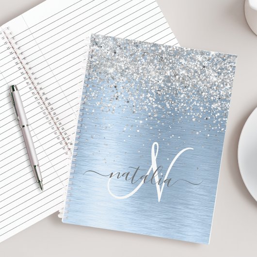 Blue Brushed Metal Silver Glitter Monogram Name Notitieboek