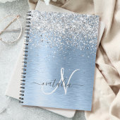 Blue Brushed Metal Silver Glitter Monogram Name Notitieboek
