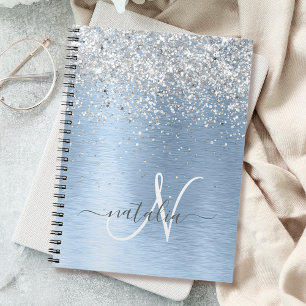 Blue Brushed Metal Silver Glitter Monogram Name Notitieboek