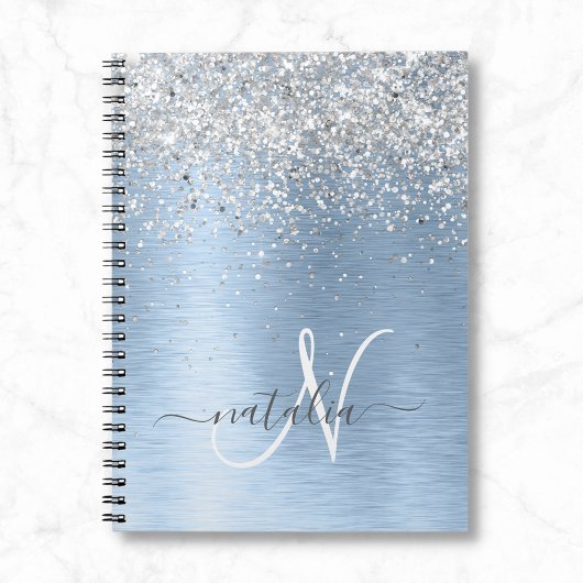 Blue Brushed Metal Silver Glitter Monogram Name Notitieboek