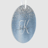 Blue Brushed Metal Silver Glitter Monogram Name Ornament (voorkant)