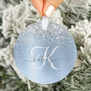 Blue Brushed Metal Silver Glitter Monogram Name Ornament