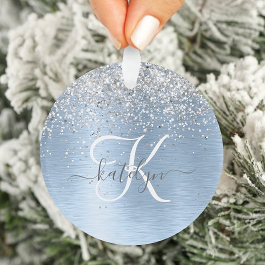 Blue Brushed Metal Silver Glitter Monogram Name Ornament