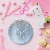 Blue Brushed Metal Silver Glitter Monogram Name Papieren Bordje (Feest)
