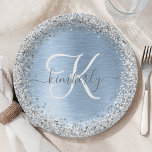 Blue Brushed Metal Silver Glitter Monogram Name Papieren Bordje<br><div class="desc">Personaliseer dit trendy chique ontwerp van papieren bord met  zilveren sprankelende faux glitter op een blauw geborstelde metalen achtergrond.</div>