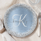 Blue Brushed Metal Silver Glitter Monogram Name Papieren Bordje