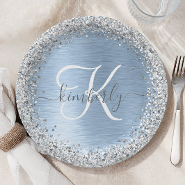 Blue Brushed Metal Silver Glitter Monogram Name Papieren Bordje