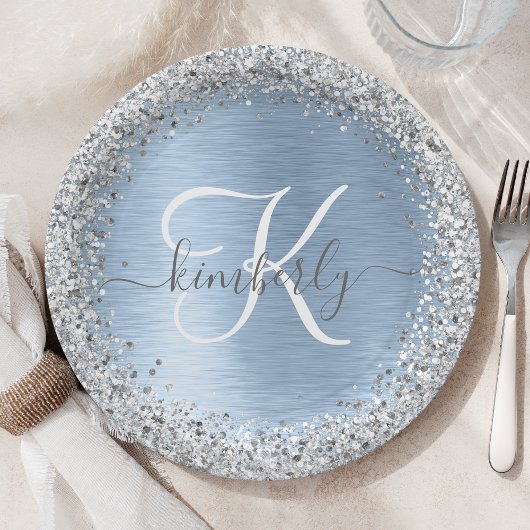 Blue Brushed Metal Silver Glitter Monogram Name Papieren Bordje