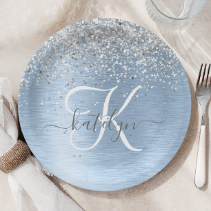 Blue Brushed Metal Silver Glitter Monogram Name Papieren Bordje