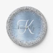 Blue Brushed Metal Silver Glitter Monogram Name Papieren Bordje (Voorkant)