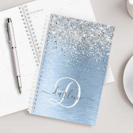 Blue Brushed Metal Silver Glitter Monogram Name Planner