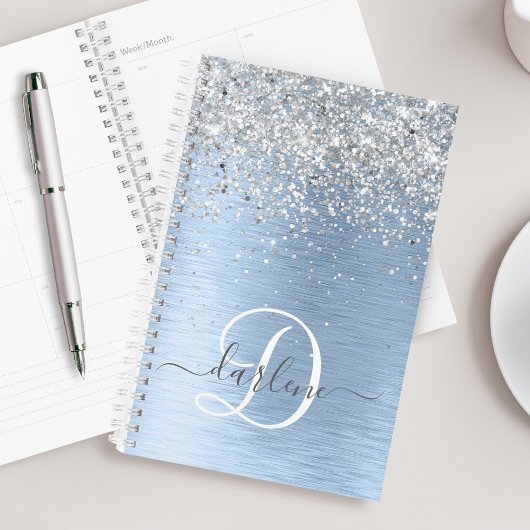Blue Brushed Metal Silver Glitter Monogram Name Planner