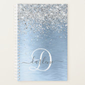 Blue Brushed Metal Silver Glitter Monogram Name Planner (Voorkant)