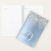 Blue Brushed Metal Silver Glitter Monogram Name Planner (Display)