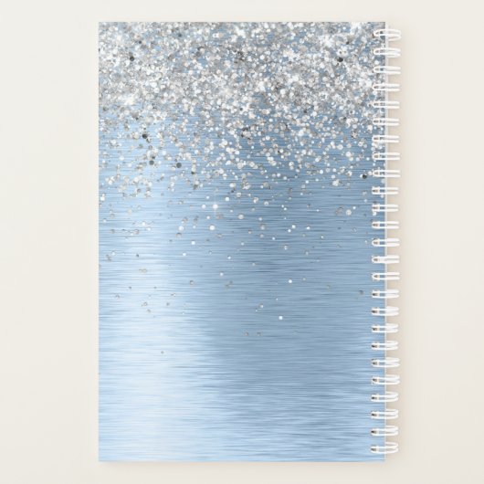 Blue Brushed Metal Silver Glitter Monogram Name Planner (Achterkant)