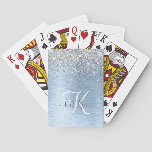 Blue Brushed Metal Silver Glitter Monogram Name Pokerkaarten (Achterkant)