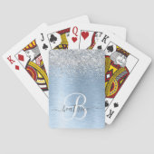 Blue Brushed Metal Silver Glitter Monogram Name Pokerkaarten (Achterkant)