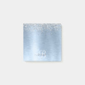 Blue Brushed Metal Silver Glitter Monogram Name Post-it® Notes (Voorkant)