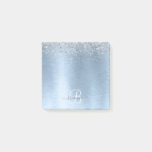 Blue Brushed Metal Silver Glitter Monogram Name Post-it® Notes (Voorkant)