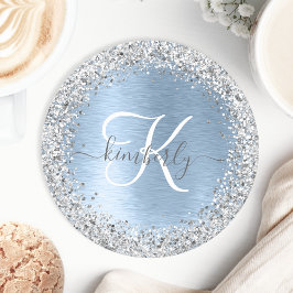 Blue Brushed Metal Silver Glitter Monogram Name Ronde Kartonnen Onderzetter