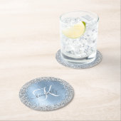 Blue Brushed Metal Silver Glitter Monogram Name Ronde Kartonnen Onderzetter (Insitu)