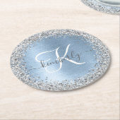 Blue Brushed Metal Silver Glitter Monogram Name Ronde Kartonnen Onderzetter (Gebogen)