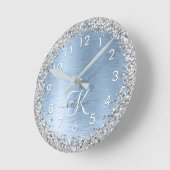Blue Brushed Metal Silver Glitter Monogram Name Ronde Klok (Hoek)