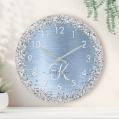Blue Brushed Metal Silver Glitter Monogram Name Ronde Klok