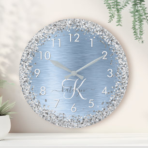 Blue Brushed Metal Silver Glitter Monogram Name Ronde Klok