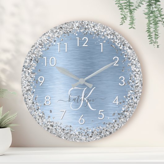 Blue Brushed Metal Silver Glitter Monogram Name Ronde Klok