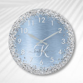 Blue Brushed Metal Silver Glitter Monogram Name Ronde Klok