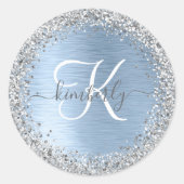 Blue Brushed Metal Silver Glitter Monogram Name Ronde Sticker (Voorkant)