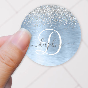 Blue Brushed Metal Silver Glitter Monogram Name Ronde Sticker